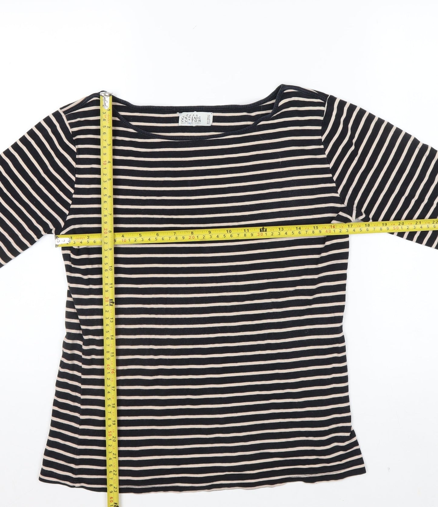 ZARA Women Black Striped Organic Cotton 3/4 Sleeve T-Shirt XL