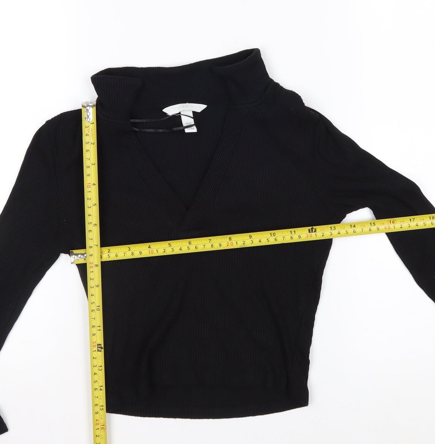 H&M Women's Black Cropped V-Neck Long Sleeve Top XS