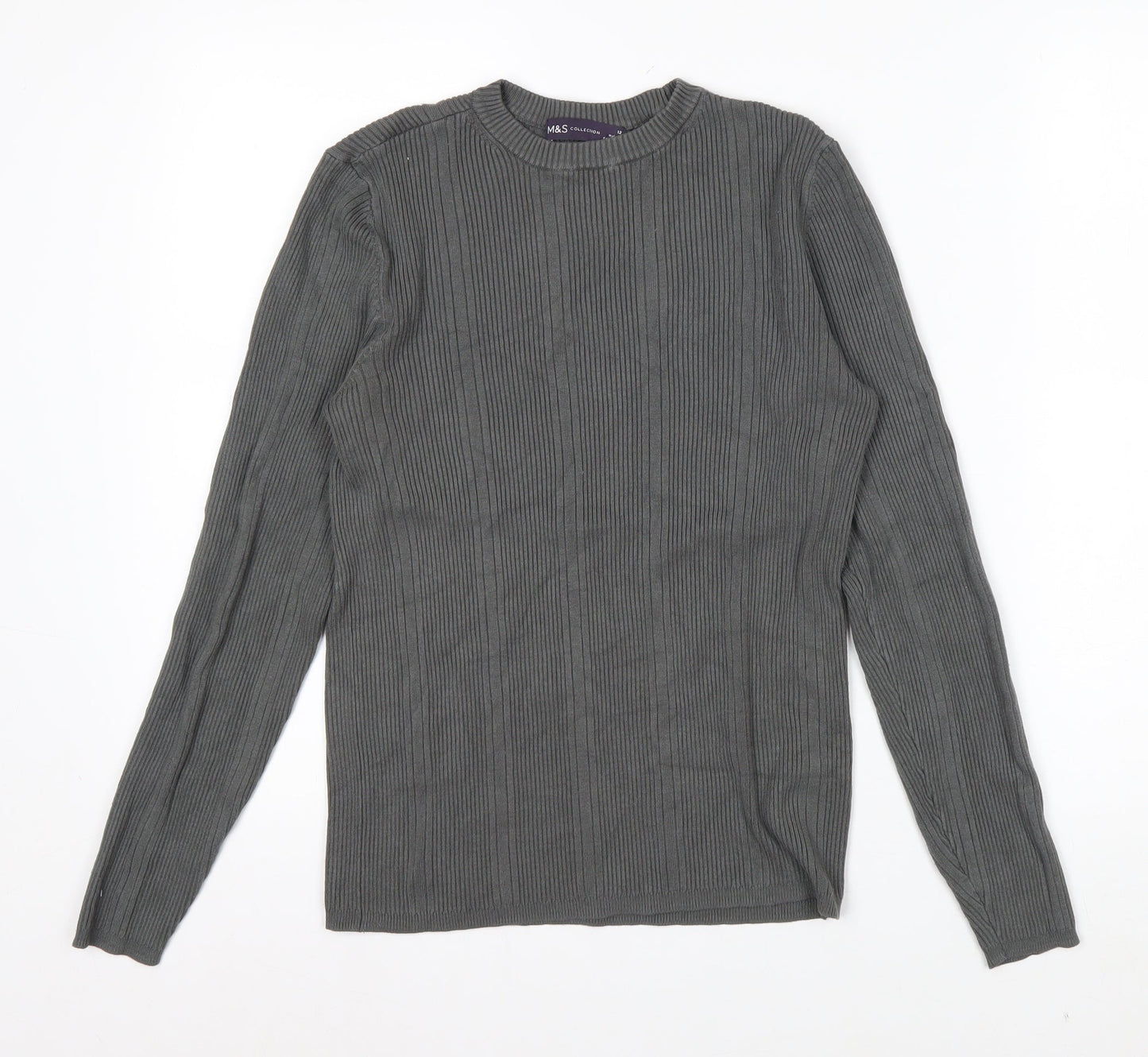Marks and Spencer Womens Dark Olive Ribbed Knit Long Sleeve Top Size 12