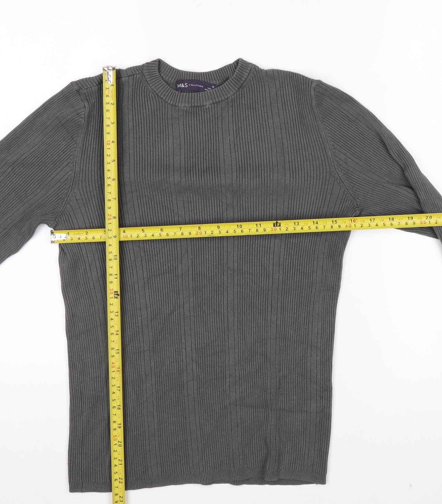 Marks and Spencer Womens Dark Olive Ribbed Knit Long Sleeve Top Size 12