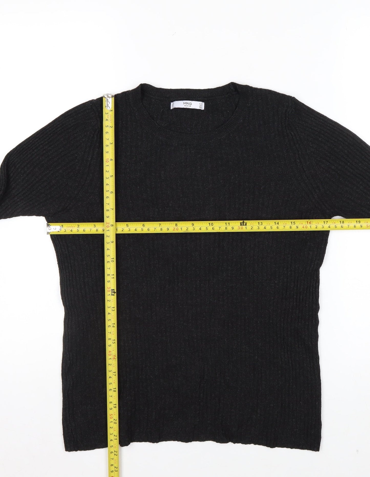 MNG Basics Women’s Black Ribbed Long Sleeve Slim Fit Knit Top Size 12