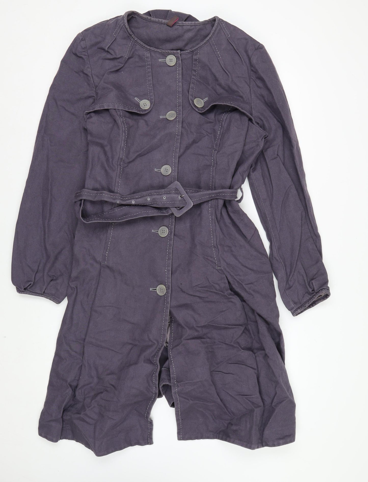 Wrap Womens Purple Belted Long Coat UK 16 Cotton Linen Blend