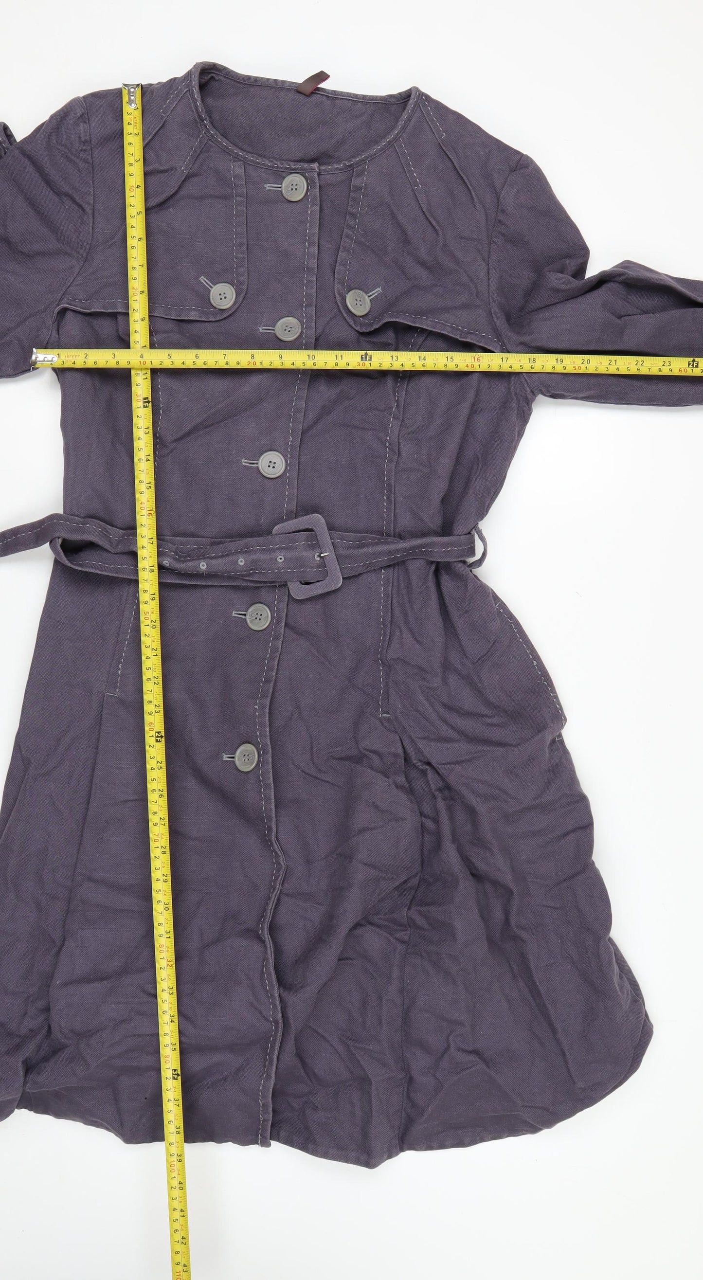 Wrap Womens Purple Belted Long Coat UK 16 Cotton Linen Blend