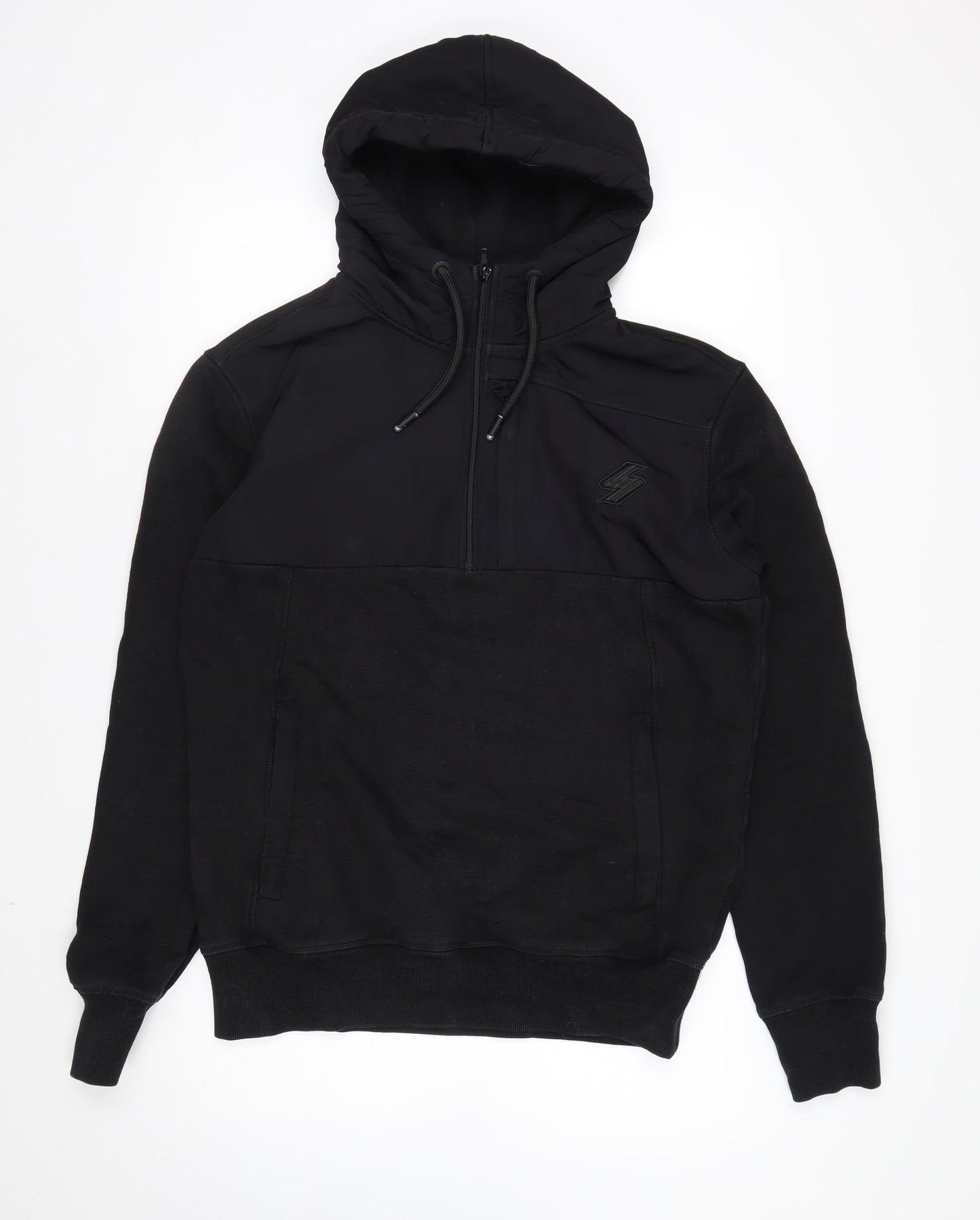Superdry Men's Black L 1/2 Zip Hooded Sweatshirt Fleece Logo Hoodie