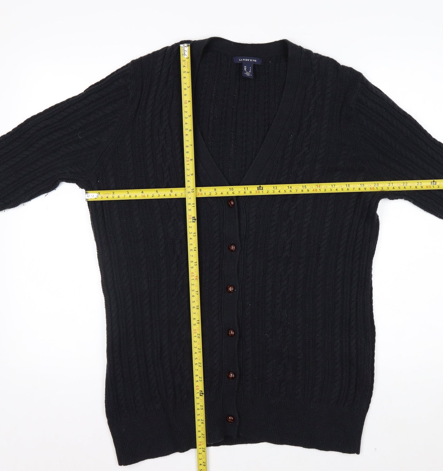 Lands' End Men's Black Cable-Knit Cardigan Jumper Size L
