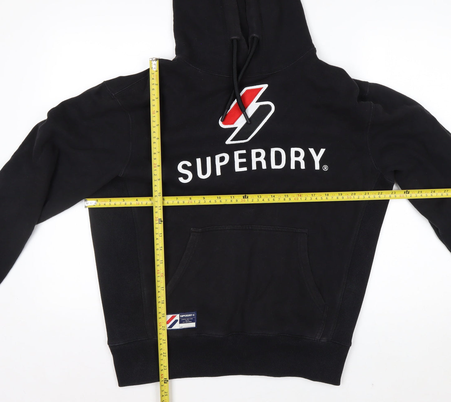 Superdry Men's Black Pullover Hoodie S Logo Fleece Graphic Print
