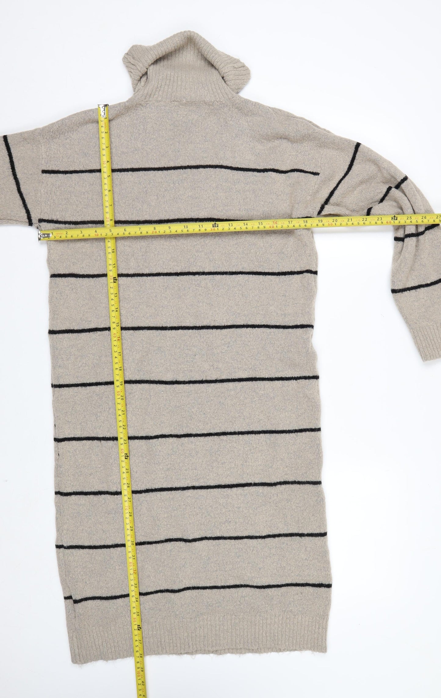 Brave Soul Women Beige Striped Roll Neck Long Sleeve Tunic Jumper XS