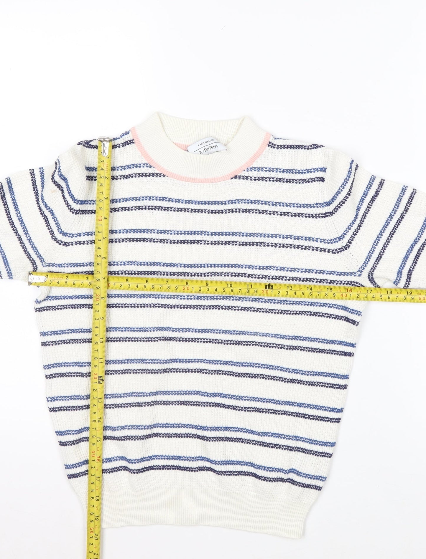 & Other Stories Women White Striped Cotton Short Sleeve Jumper XS