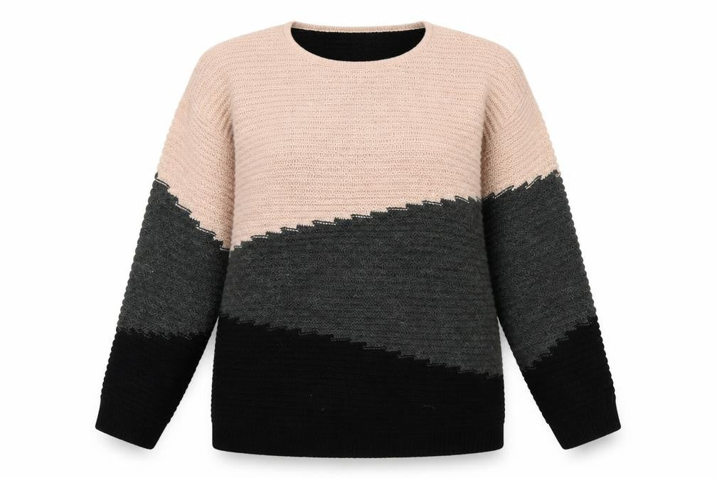 Fransa Womens Beige Grey Black Colour Block Knit Jumper L