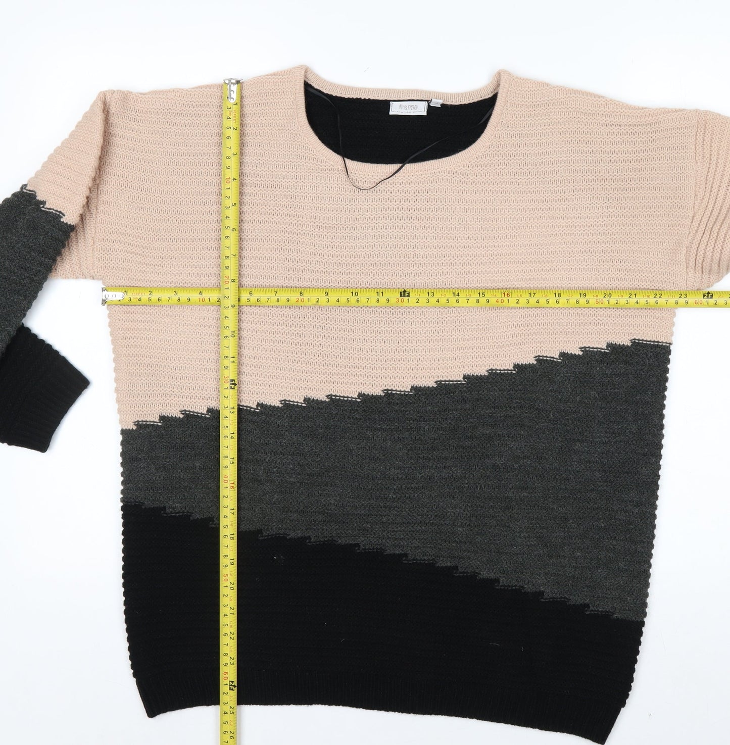 Fransa Womens Beige Grey Black Colour Block Knit Jumper L