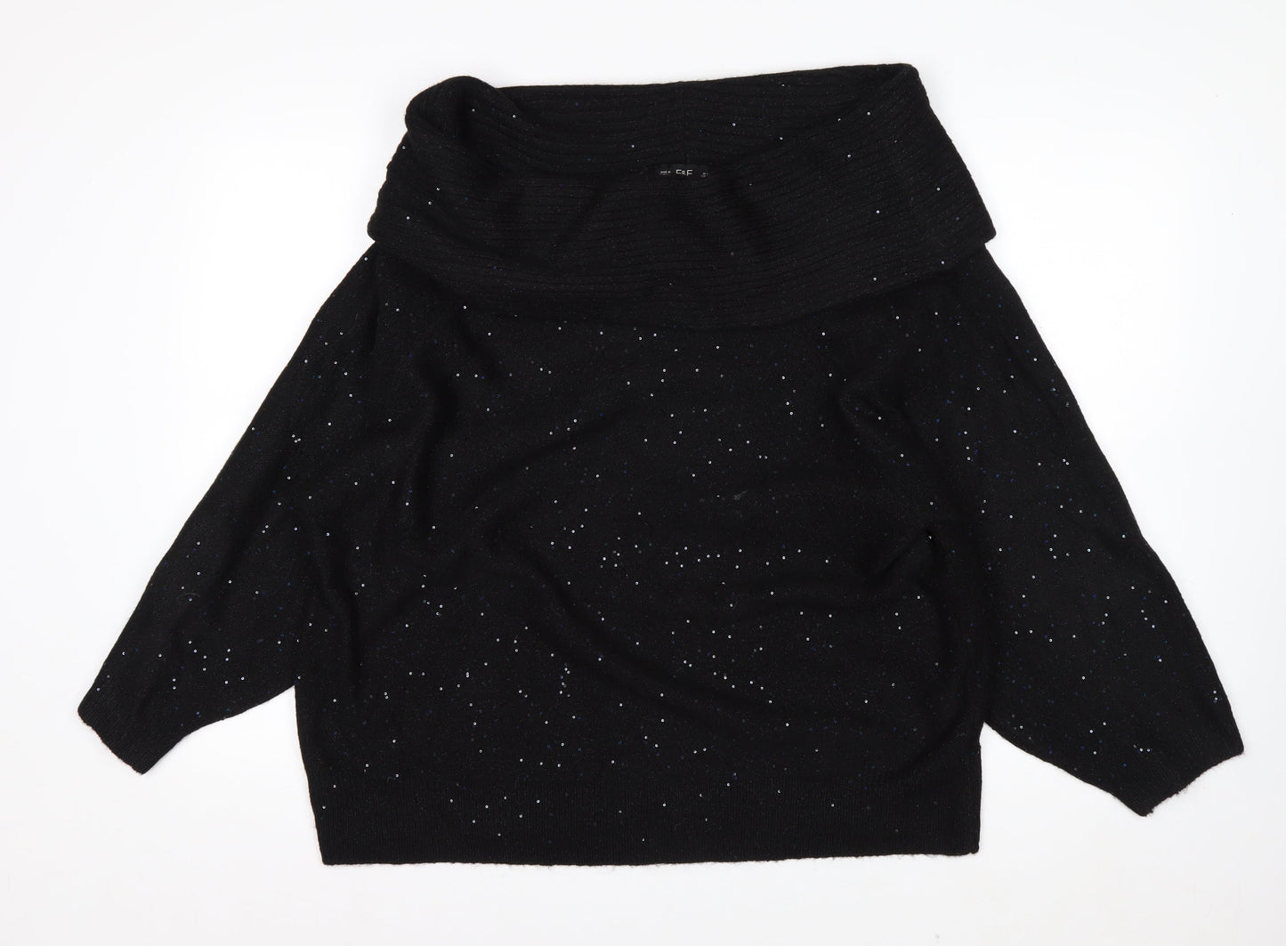 F&F Womens Black XL Glitter Cowl Neck 3/4 Sleeve Pullover Jumper