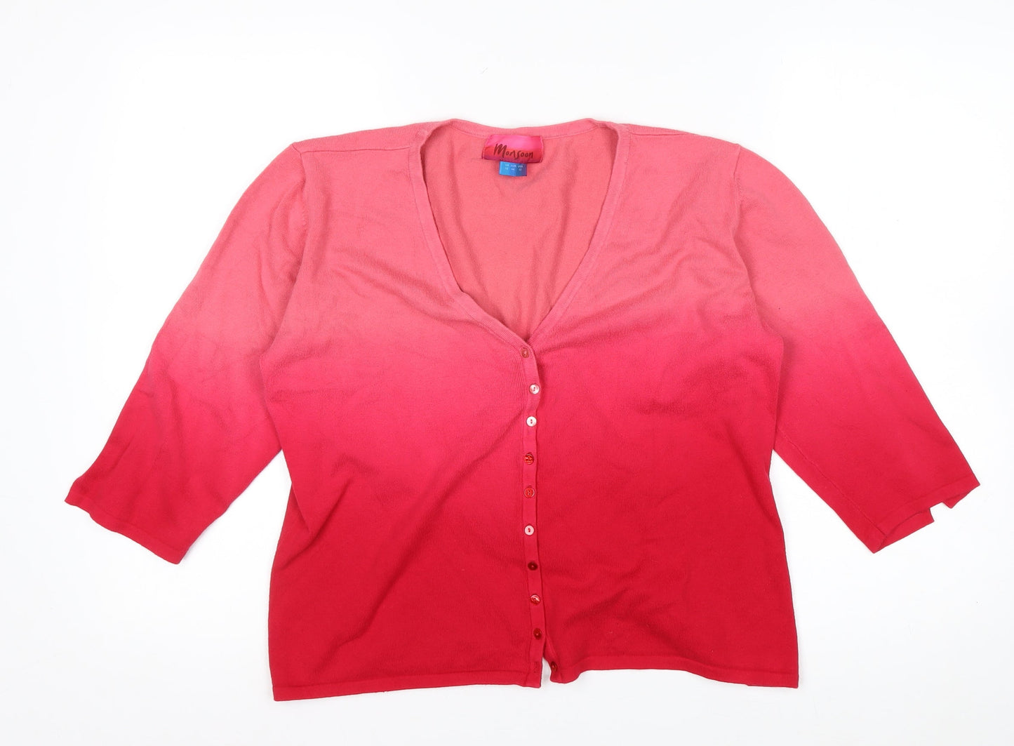 Monsoon Women Pink 16 V-Neck Cardigan Knit 3/4 Sleeve