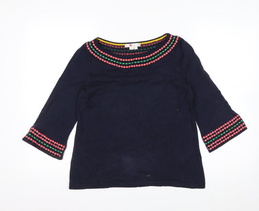 Boden Women’s Blue Embroidered Cotton 3/4 Sleeve Pullover Jumper XS