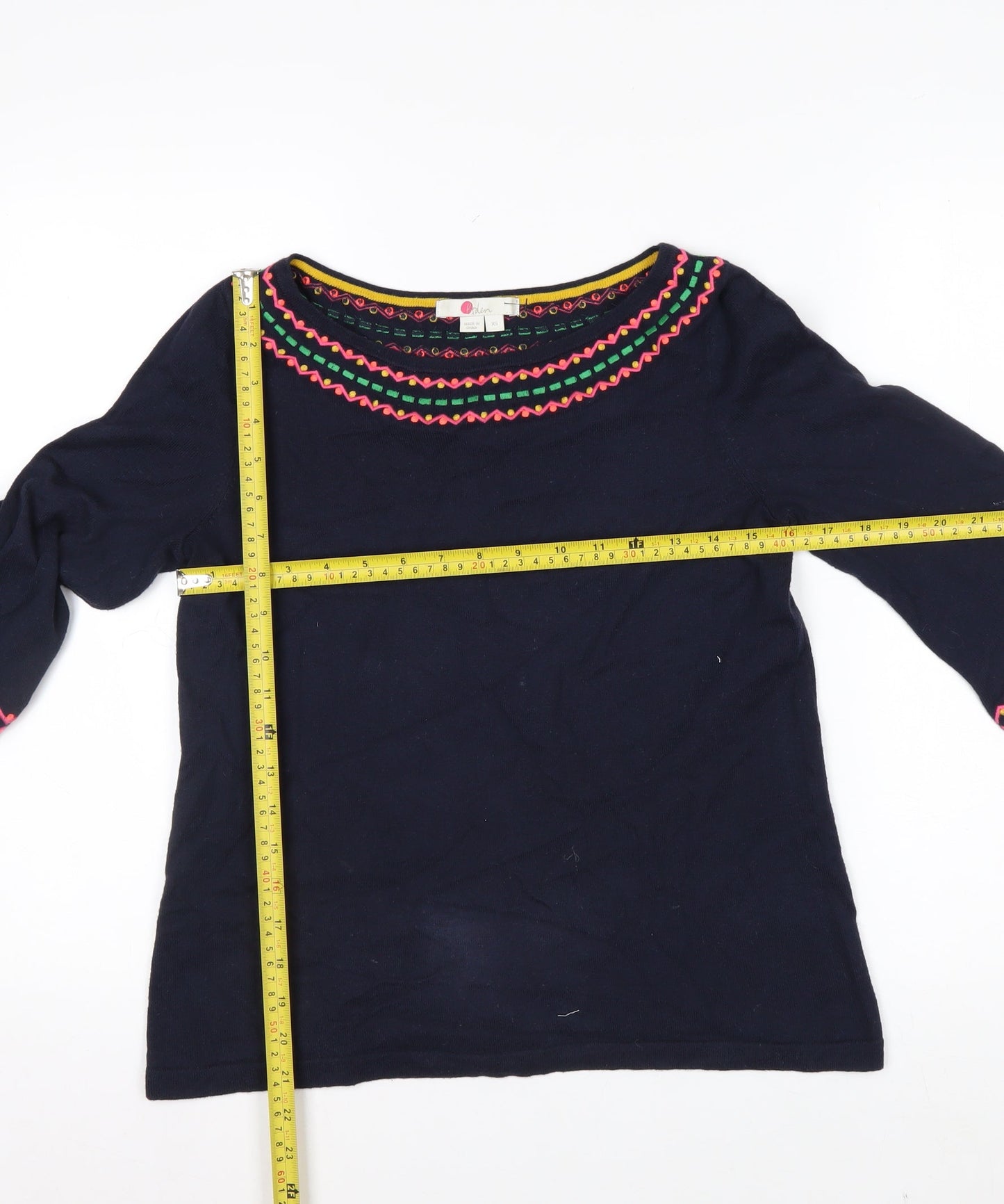 Boden Women’s Blue Embroidered Cotton 3/4 Sleeve Pullover Jumper XS