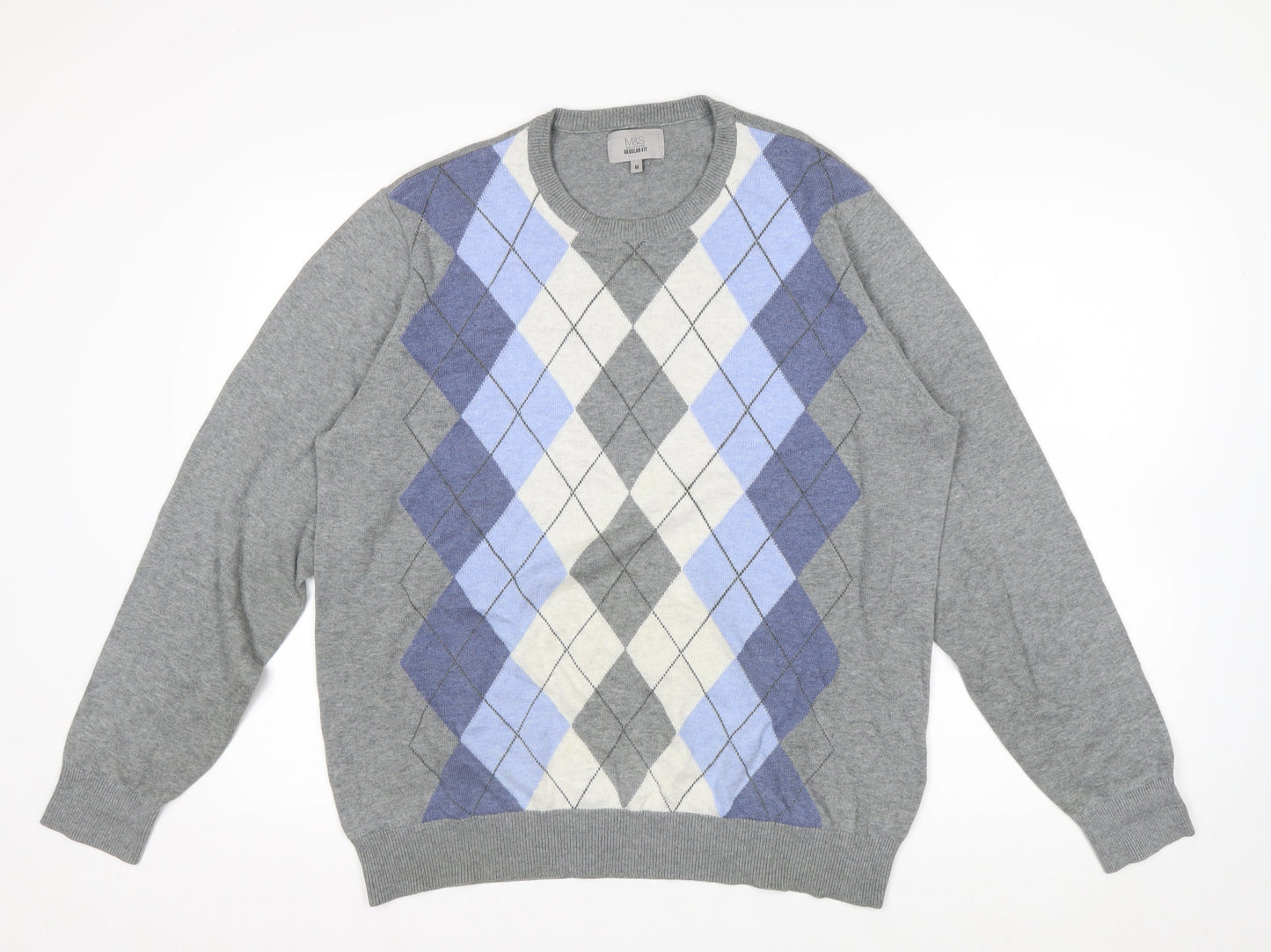 Marks and Spencer Men's Grey Argyle Cotton Jumper M Regular Fit
