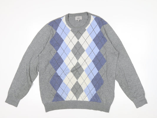 Marks and Spencer Men's Grey Argyle Cotton Jumper M Regular Fit