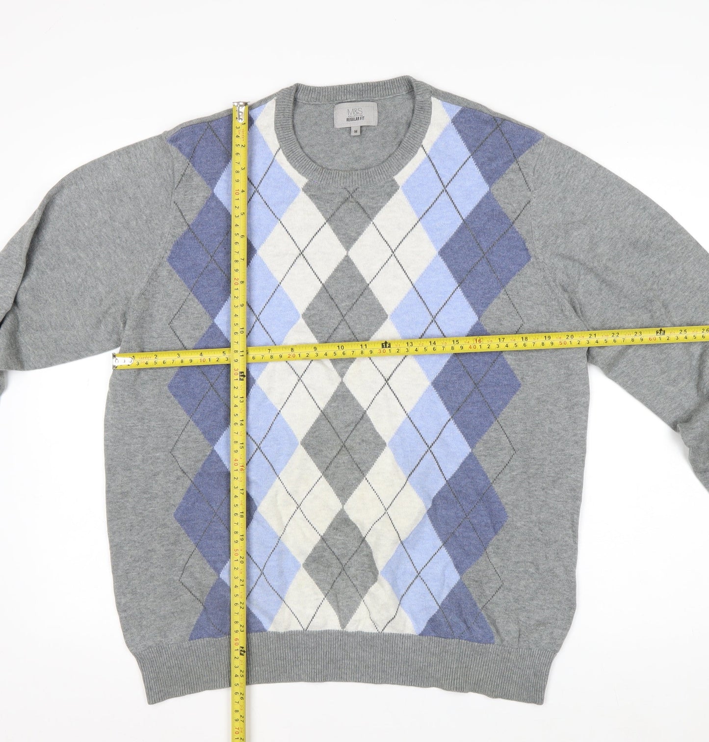 Marks and Spencer Men's Grey Argyle Cotton Jumper M Regular Fit