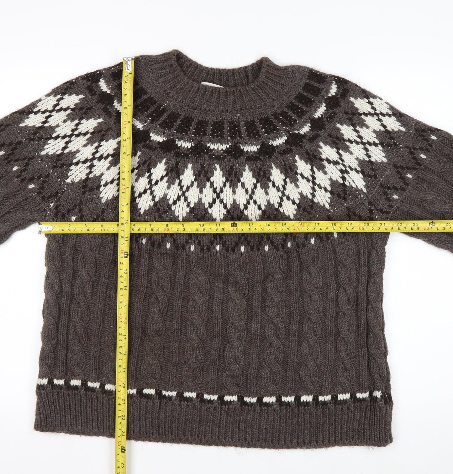 Marks and Spencer Women's Brown Fair Isle Cable-Knit Jumper M
