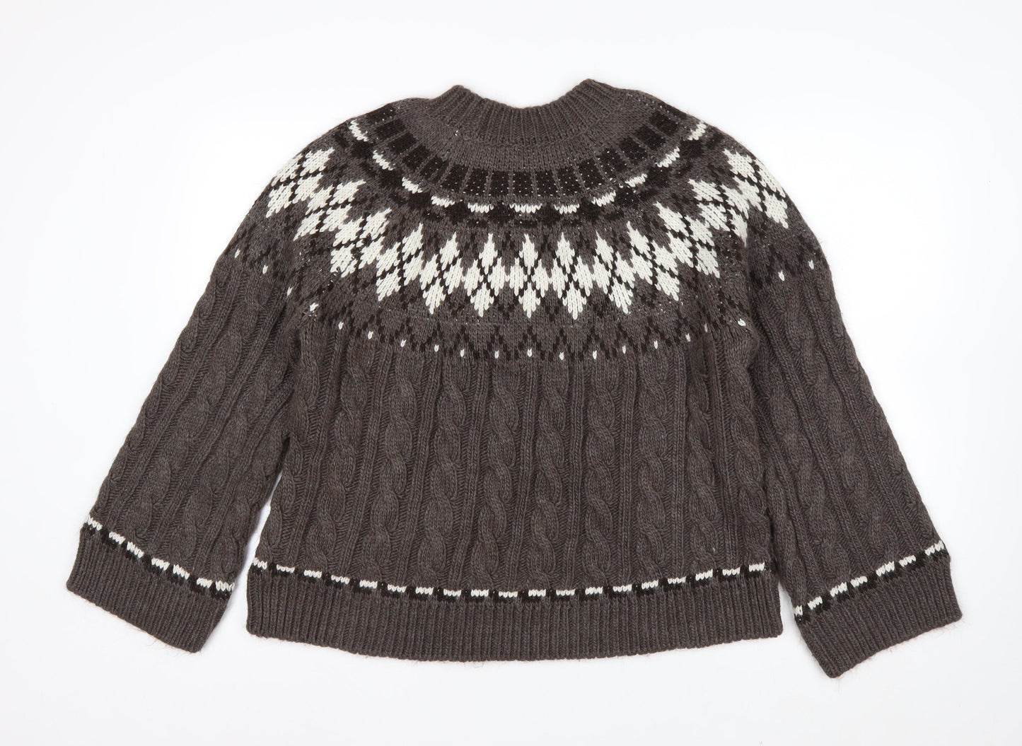 Marks and Spencer Women's Brown Fair Isle Cable-Knit Jumper M