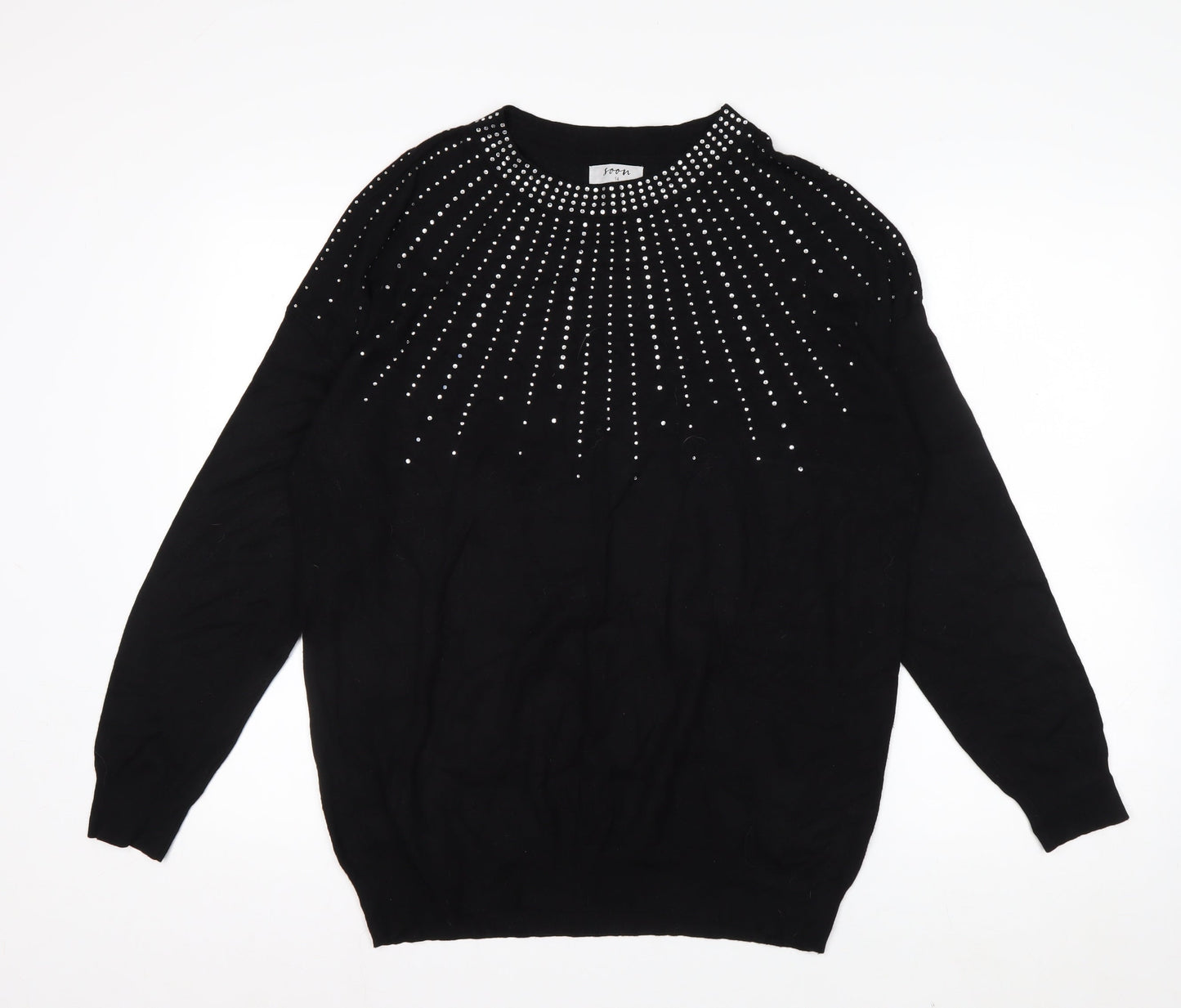 Soon Womens Black Rhinestone Crew Neck Jumper Size 14