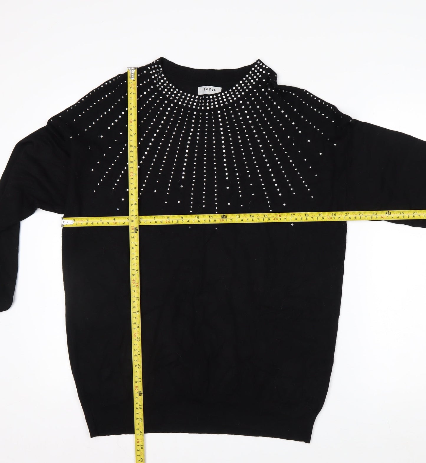 Soon Womens Black Rhinestone Crew Neck Jumper Size 14