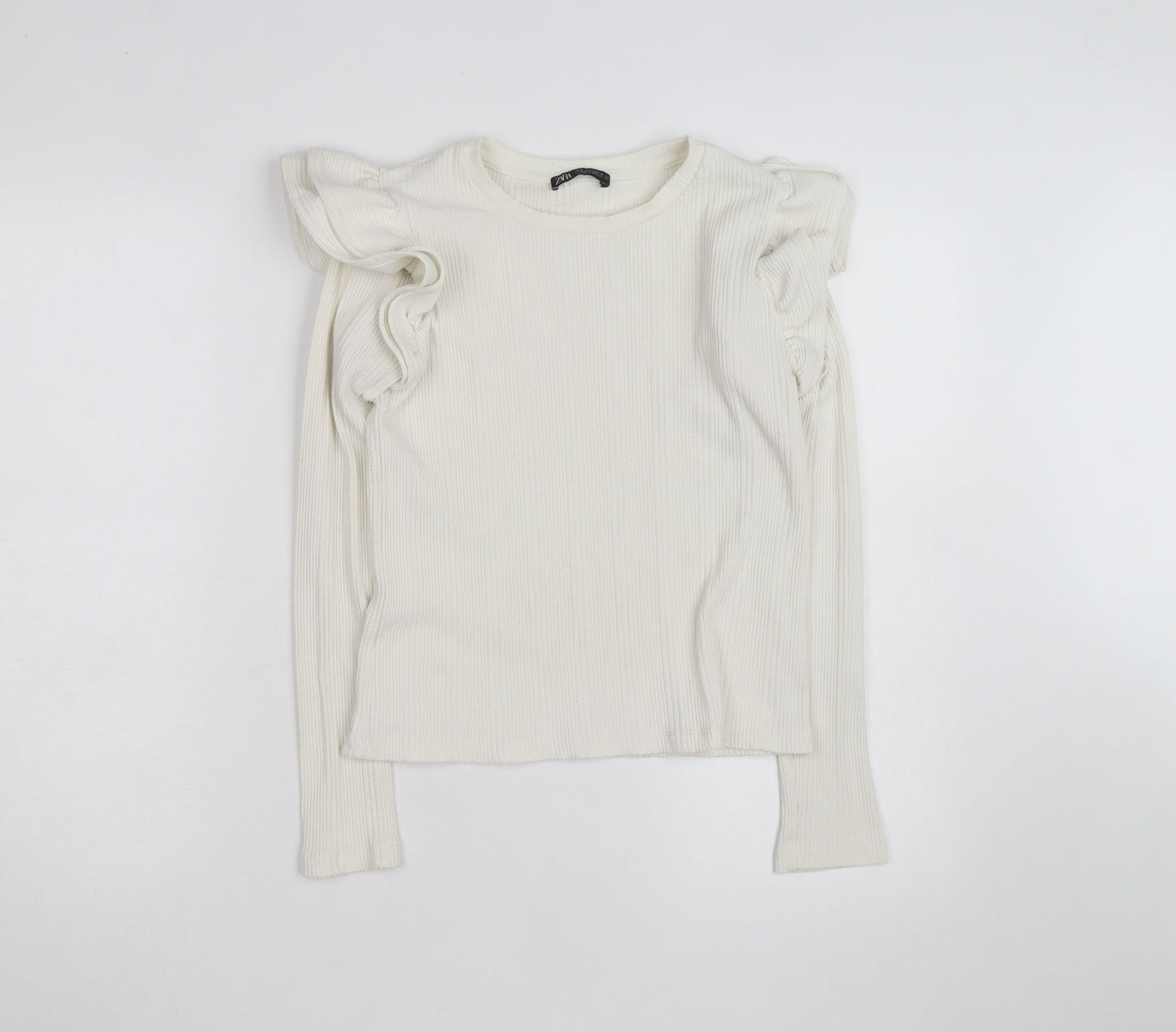 ZARA Women Ivory Ruffle Long Sleeve Slim Fit Pullover Jumper Size S
