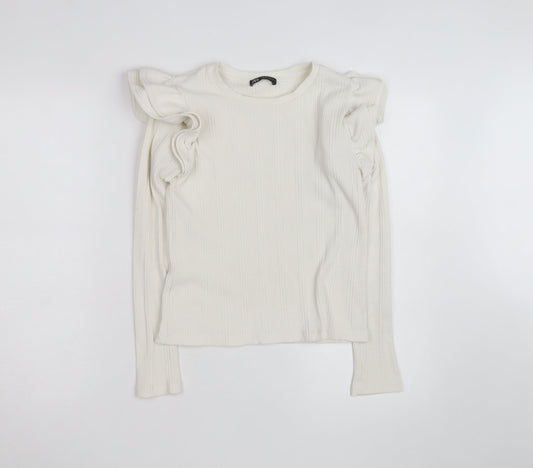 ZARA Women Ivory Ruffle Long Sleeve Slim Fit Pullover Jumper Size S