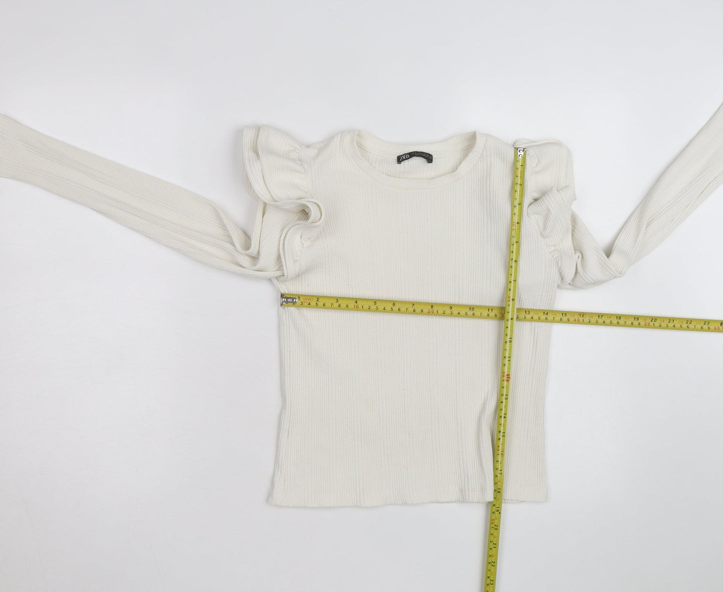 ZARA Women Ivory Ruffle Long Sleeve Slim Fit Pullover Jumper Size S