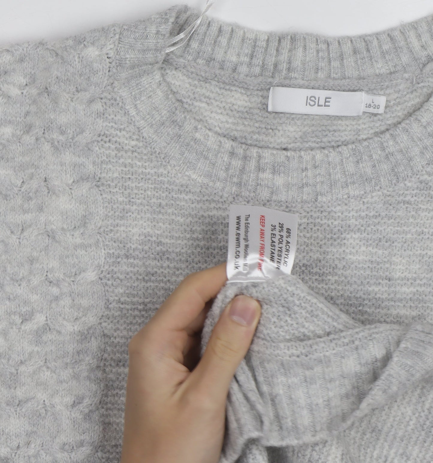 Isle Women Grey Cable-Knit Crew Neck Pullover Jumper Size 18-20