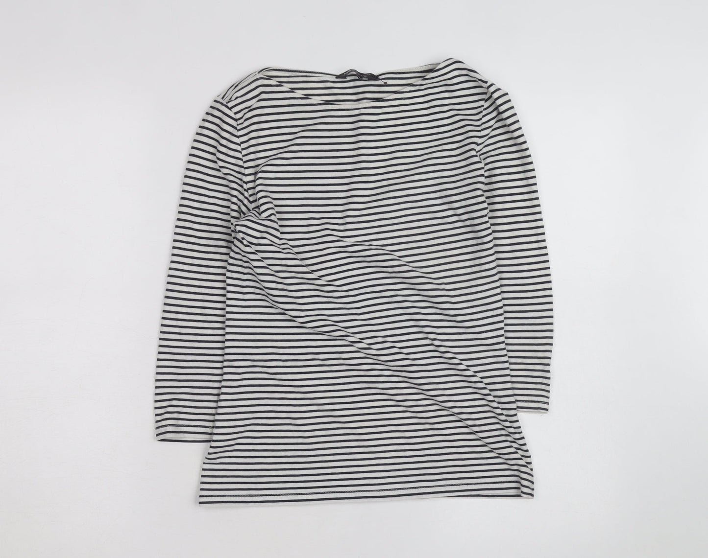 Marks and Spencer Women's Black Striped 3/4 Sleeve Boat Neck T-Shirt Size 8