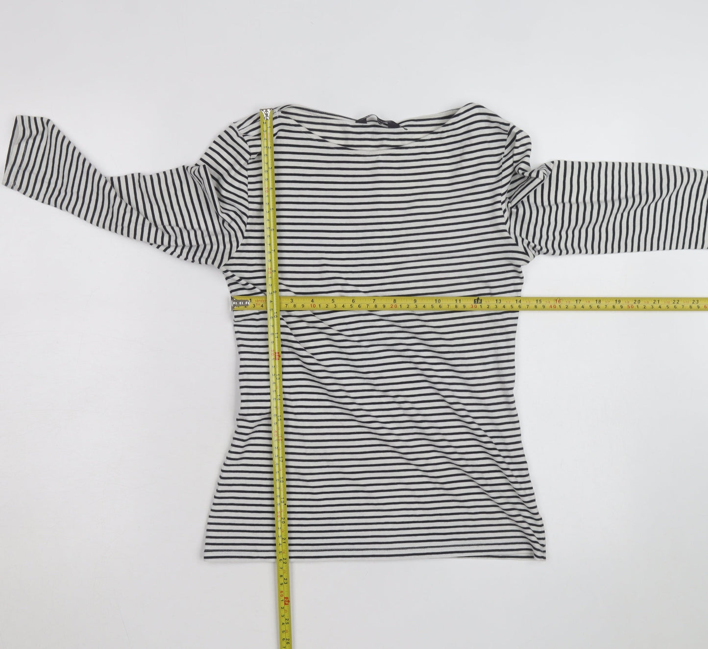 Marks and Spencer Women's Black Striped 3/4 Sleeve Boat Neck T-Shirt Size 8