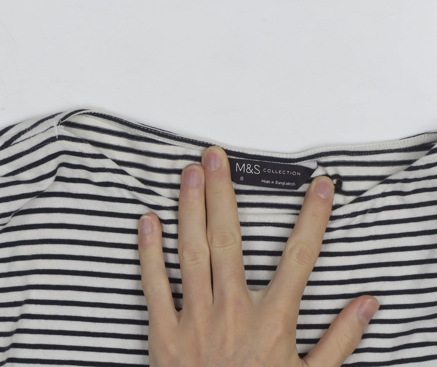 Marks and Spencer Women's Black Striped 3/4 Sleeve Boat Neck T-Shirt Size 8