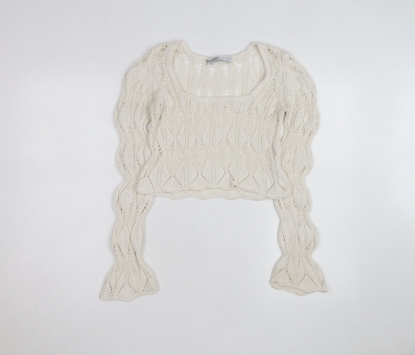 Bershka Women’s Ivory Open-Knit Square Neck Jumper Size 6