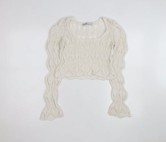 Bershka Women’s Ivory Open-Knit Square Neck Jumper Size 6