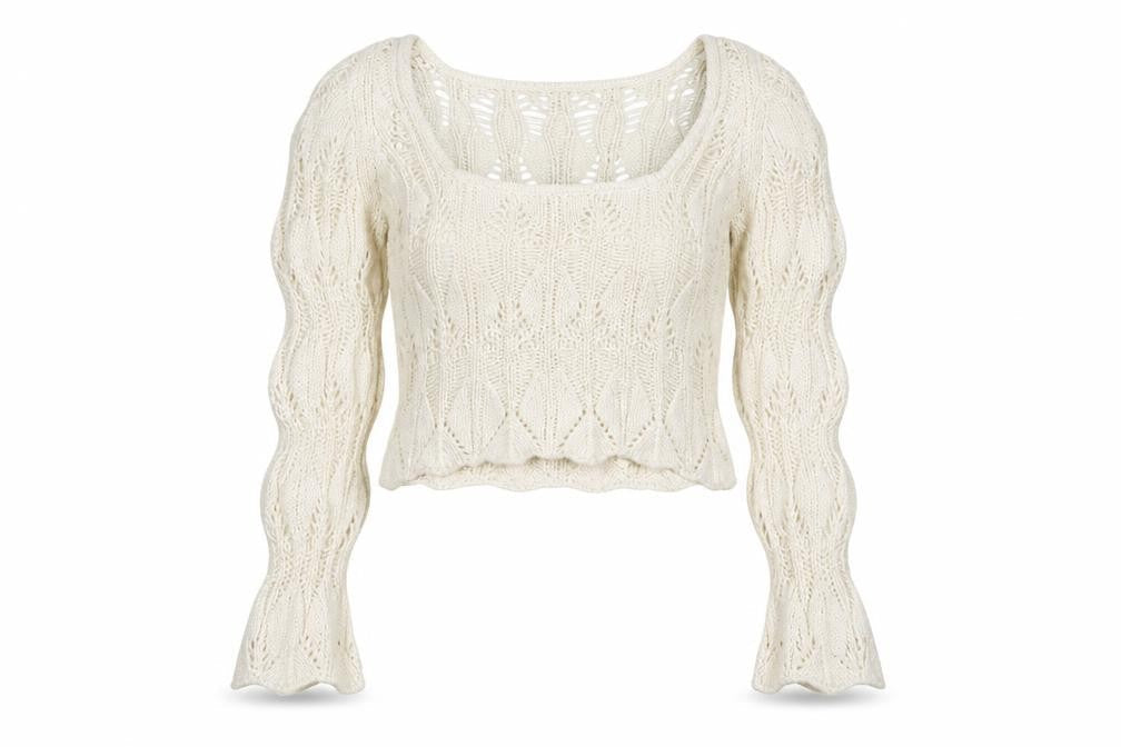 Bershka Women’s Ivory Open-Knit Square Neck Jumper Size 6