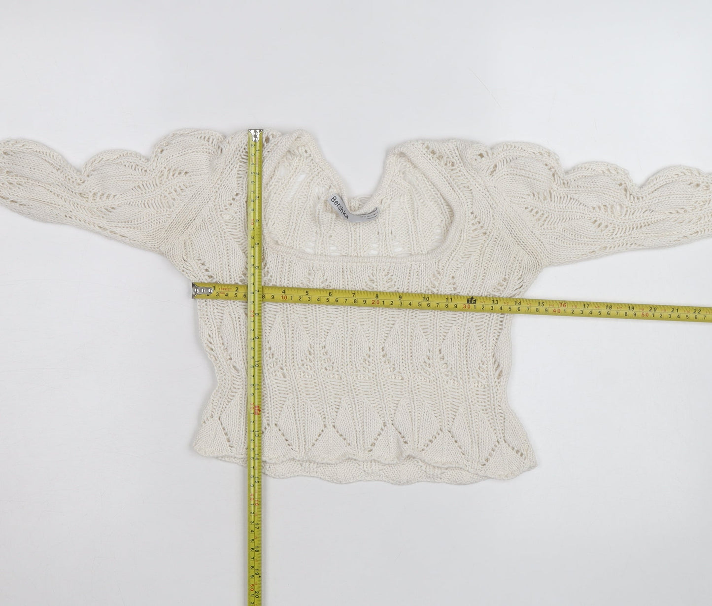 Bershka Women’s Ivory Open-Knit Square Neck Jumper Size 6