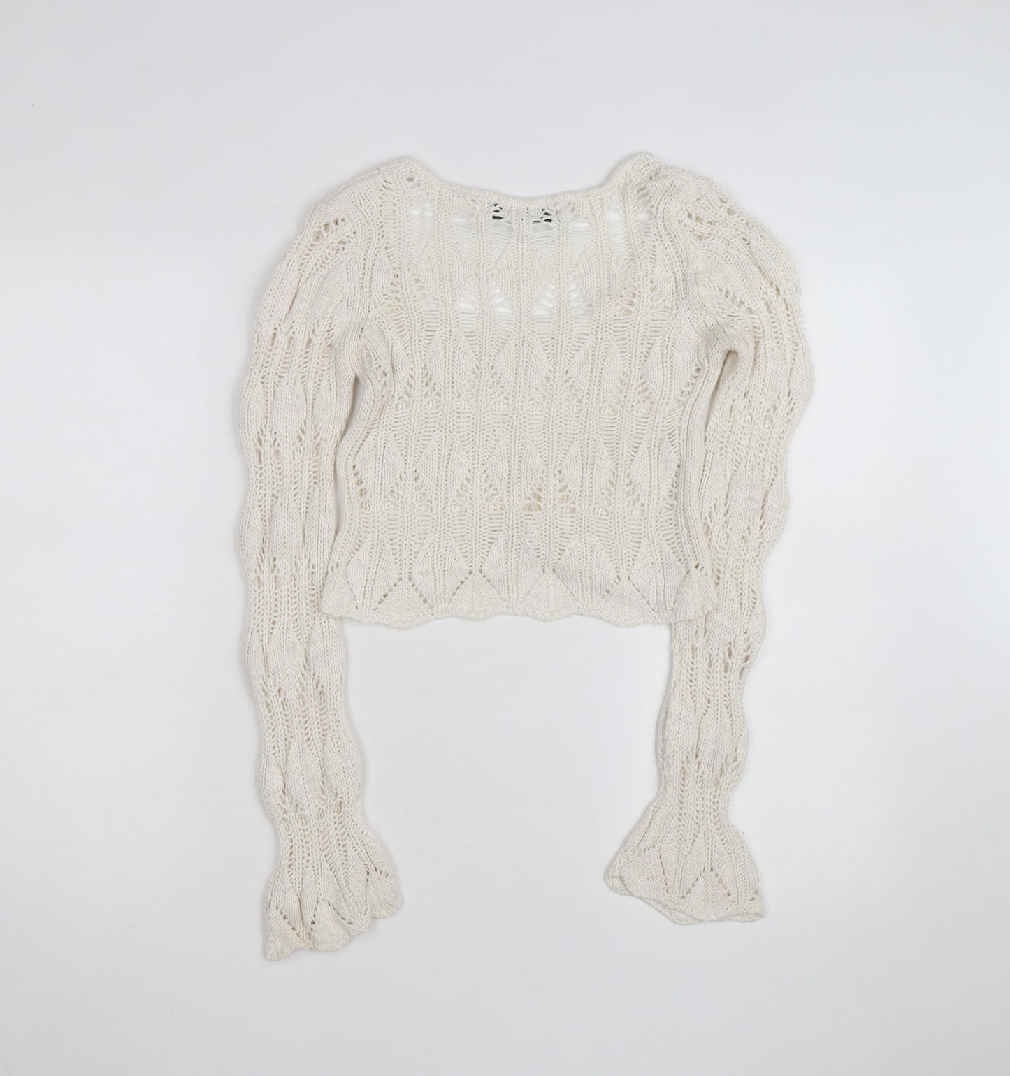 Bershka Women’s Ivory Open-Knit Square Neck Jumper Size 6