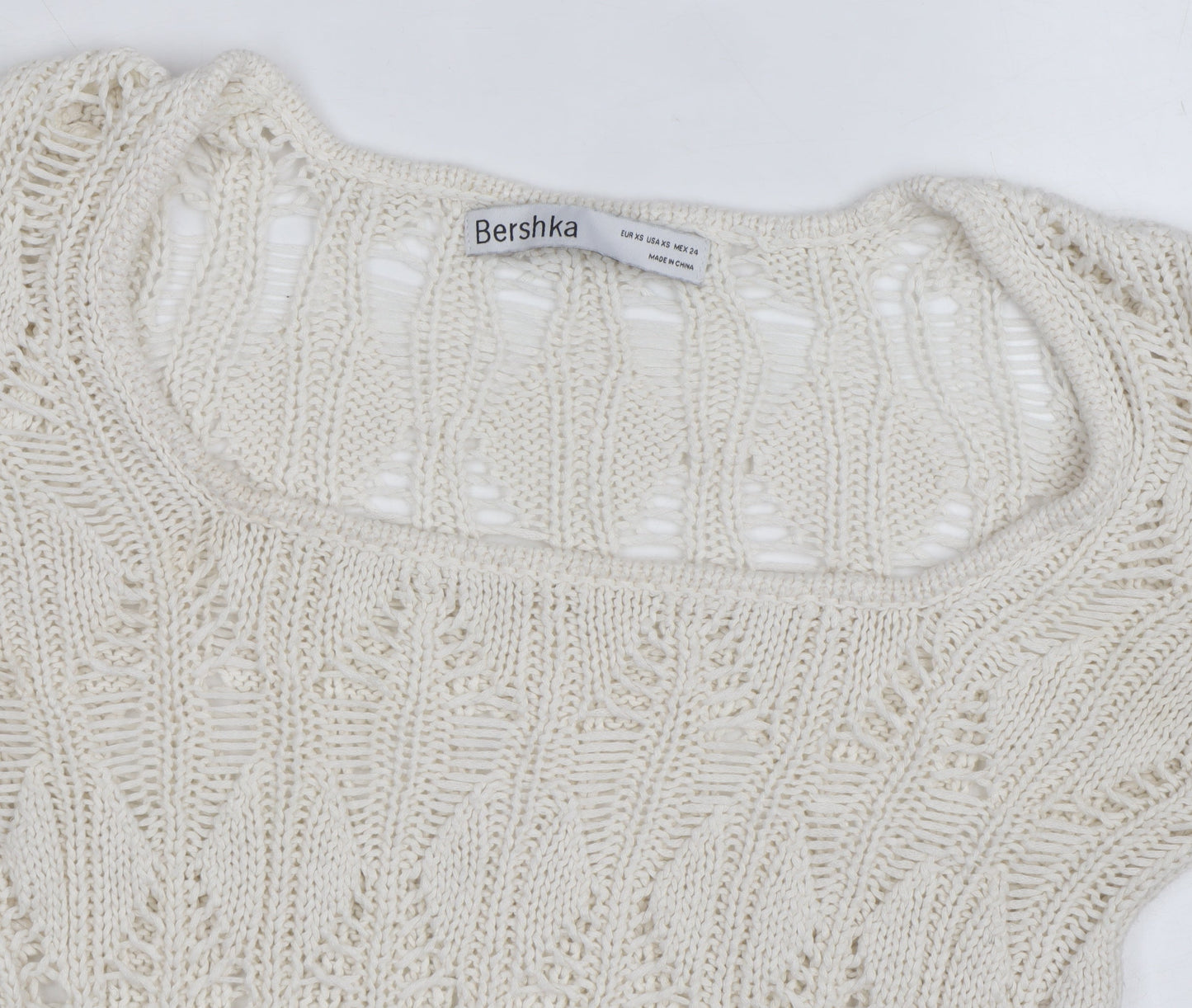 Bershka Women’s Ivory Open-Knit Square Neck Jumper Size 6
