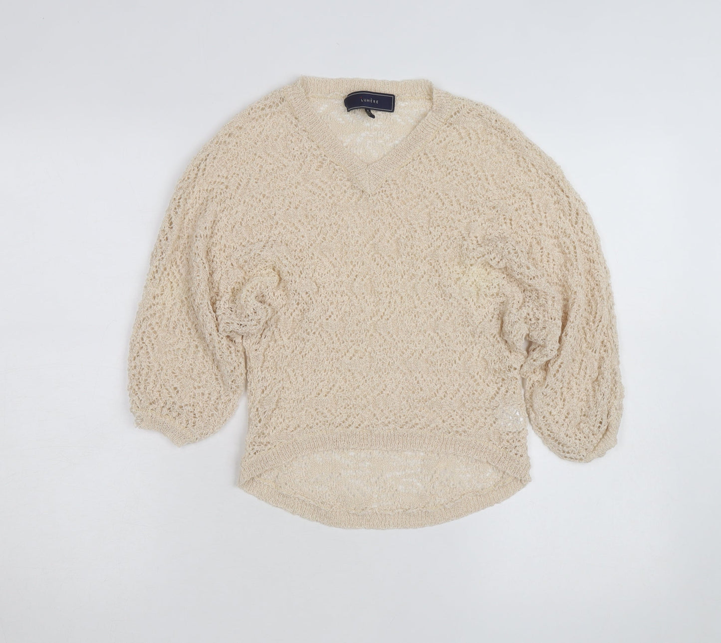 Lumière Women's Beige Open Knit V-Neck Pullover Jumper M