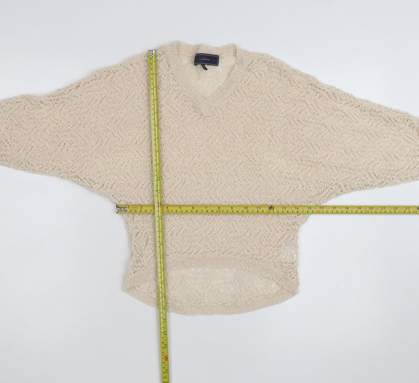 Lumière Women's Beige Open Knit V-Neck Pullover Jumper M