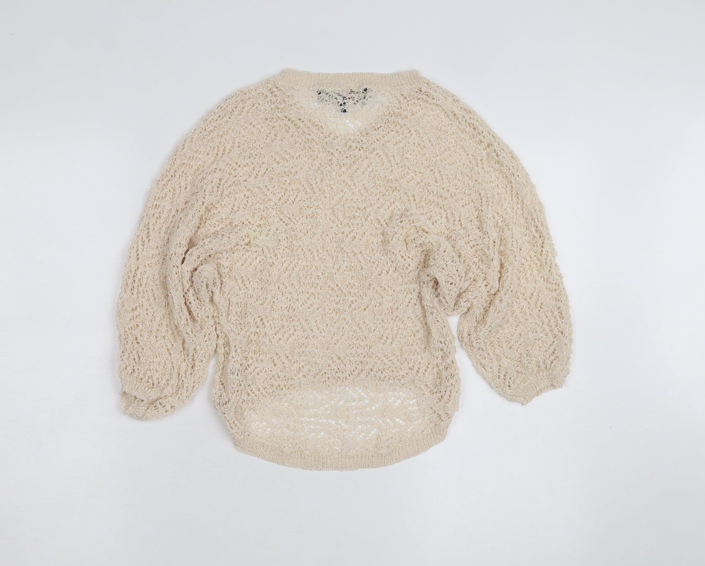 Lumière Women's Beige Open Knit V-Neck Pullover Jumper M