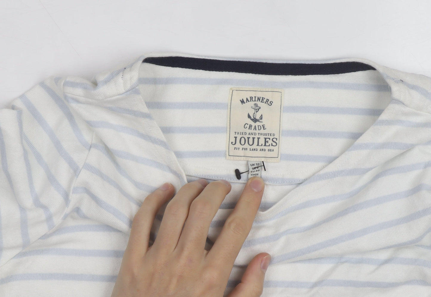Joules Women’s White Blue Striped Long Sleeve Cotton T-Shirt UK 12