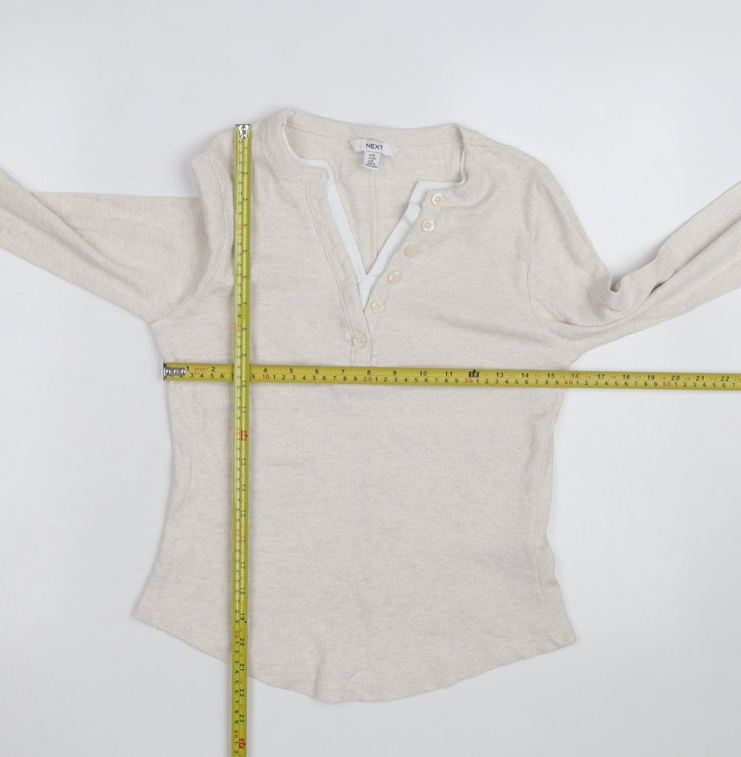 Next Women Beige Henley Long Sleeve Cotton Jumper Size 12