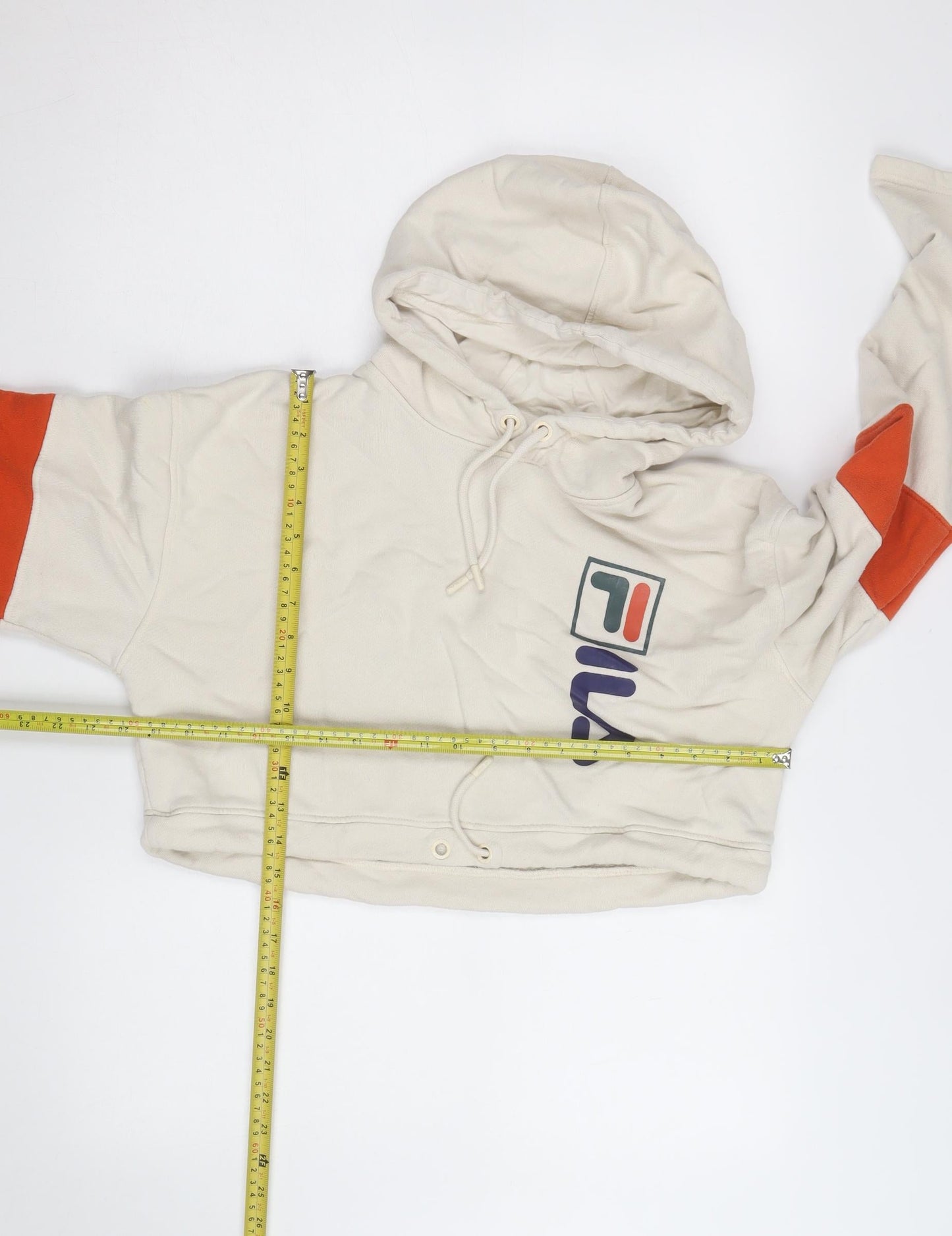 FILA Womens Beige Cropped Hoodie Small Drawstring Logo Pullover