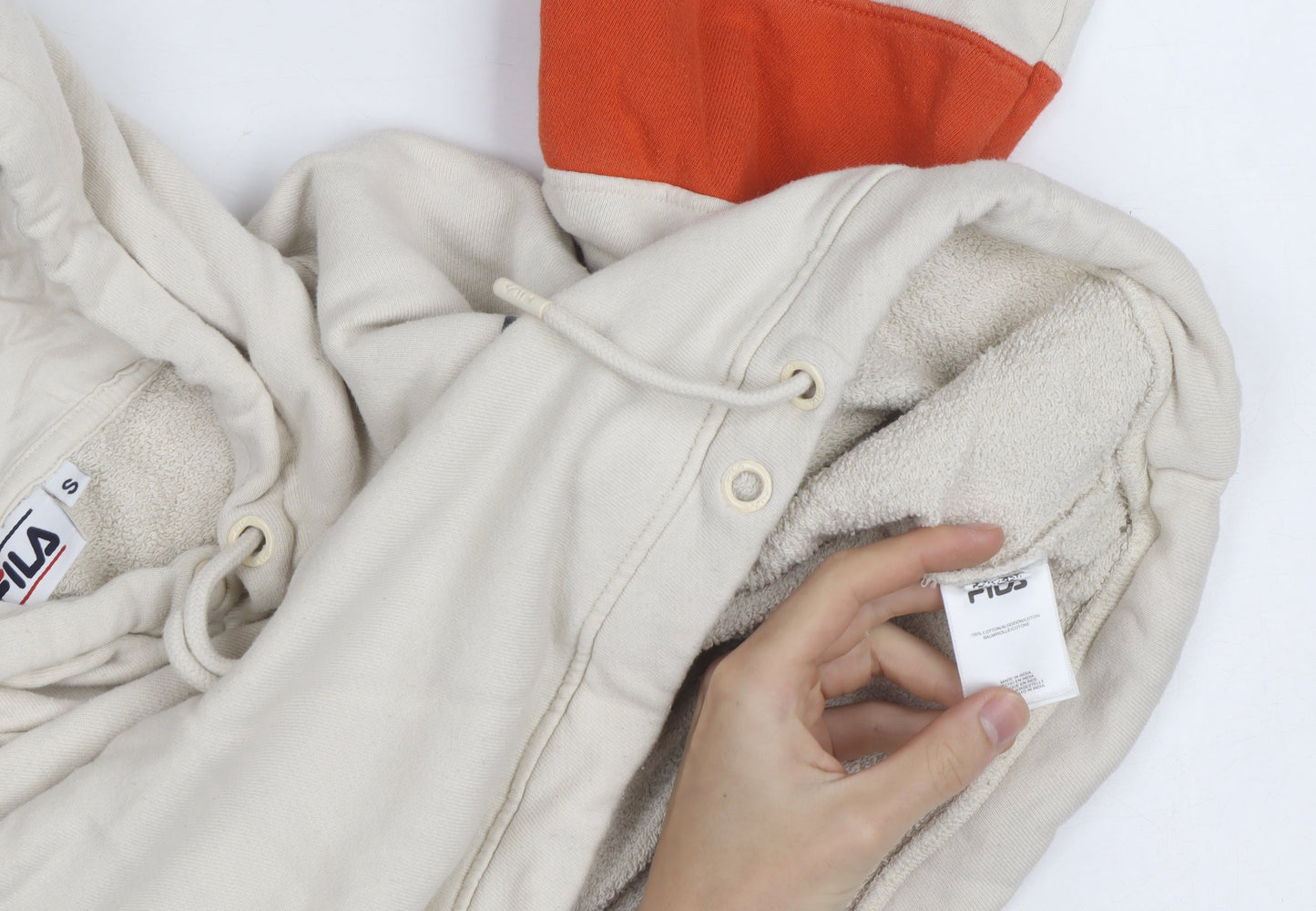 FILA Womens Beige Cropped Hoodie Small Drawstring Logo Pullover