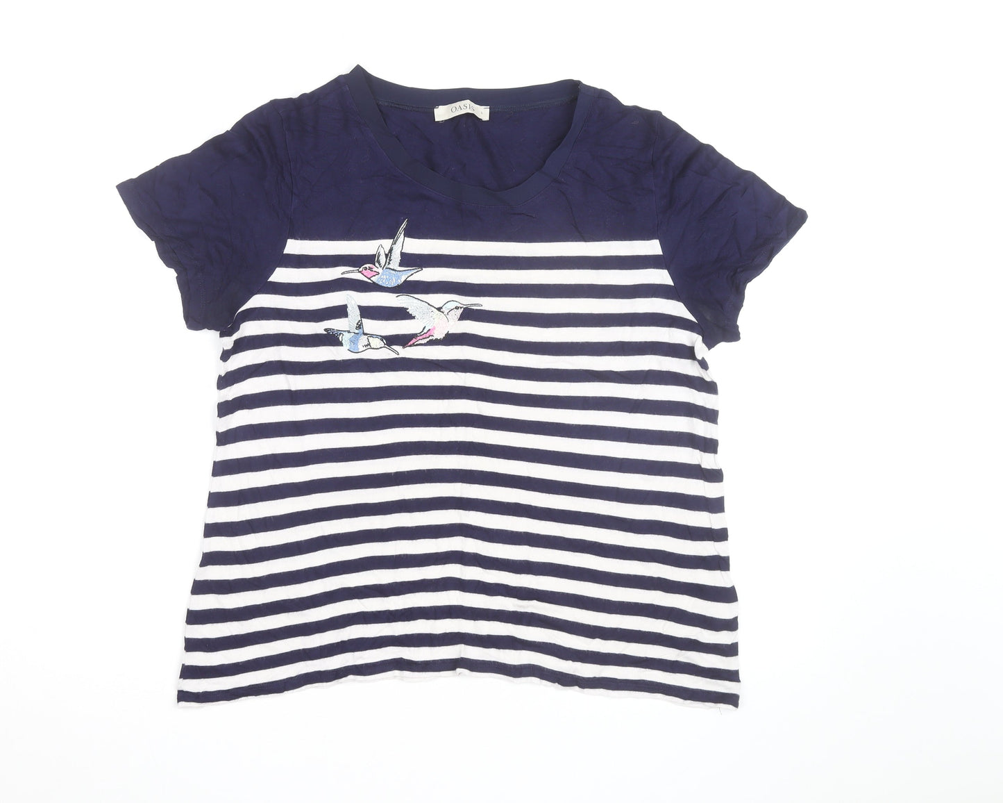 Oasis Womens Blue Striped Embroidered Bird T-Shirt Size L