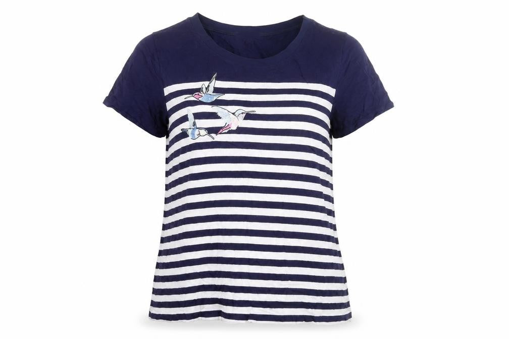 Oasis Womens Blue Striped Embroidered Bird T-Shirt Size L