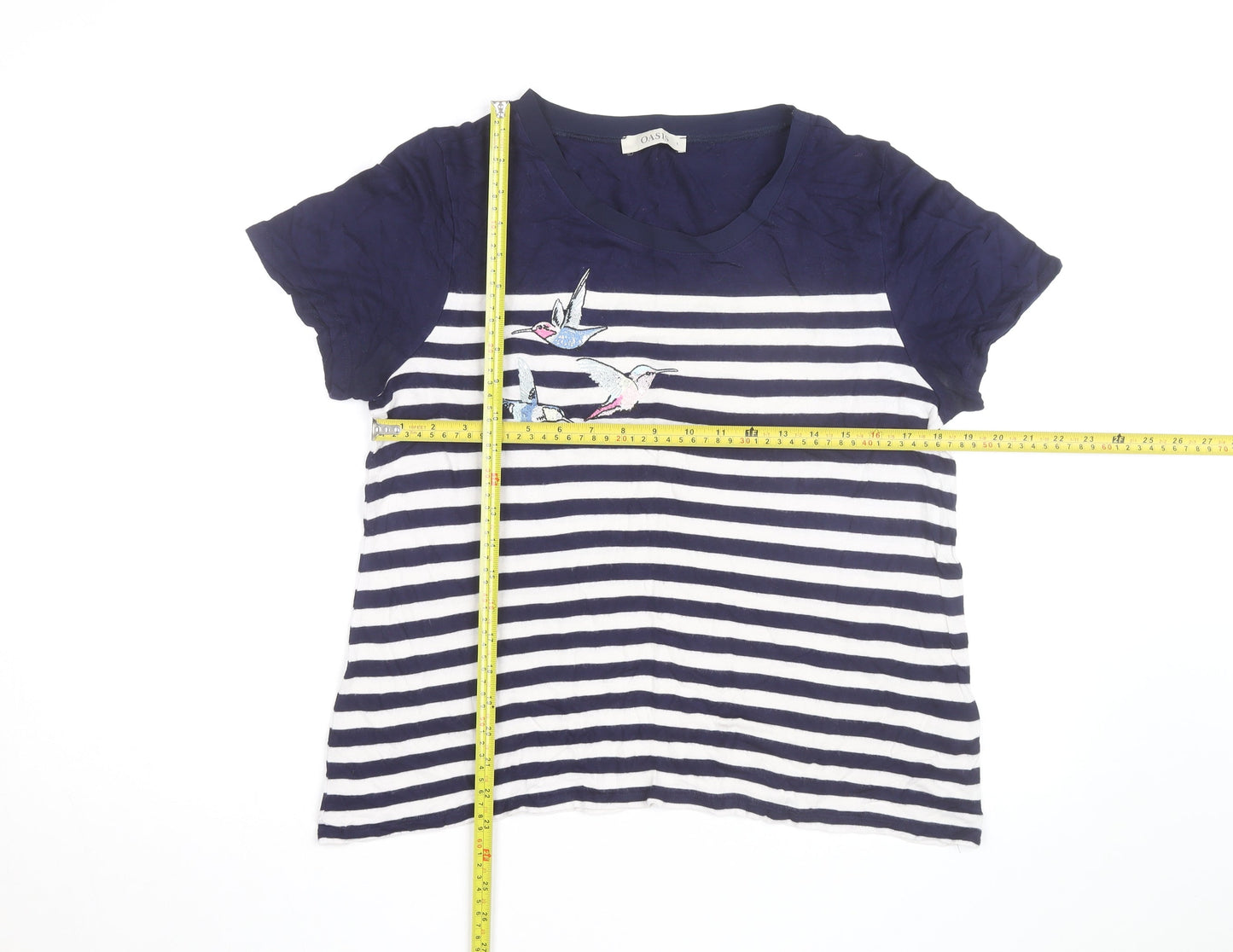 Oasis Womens Blue Striped Embroidered Bird T-Shirt Size L