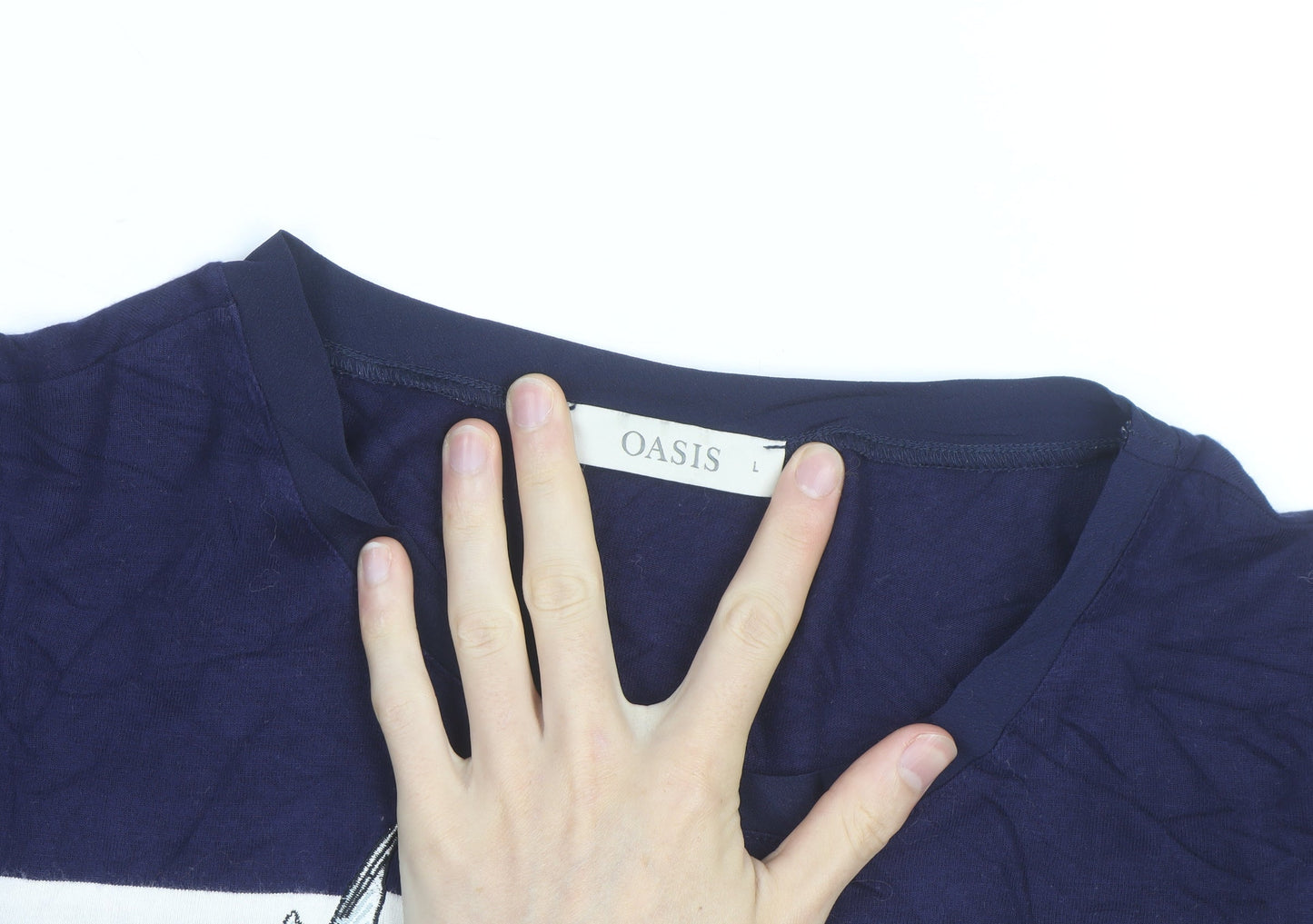 Oasis Womens Blue Striped Embroidered Bird T-Shirt Size L