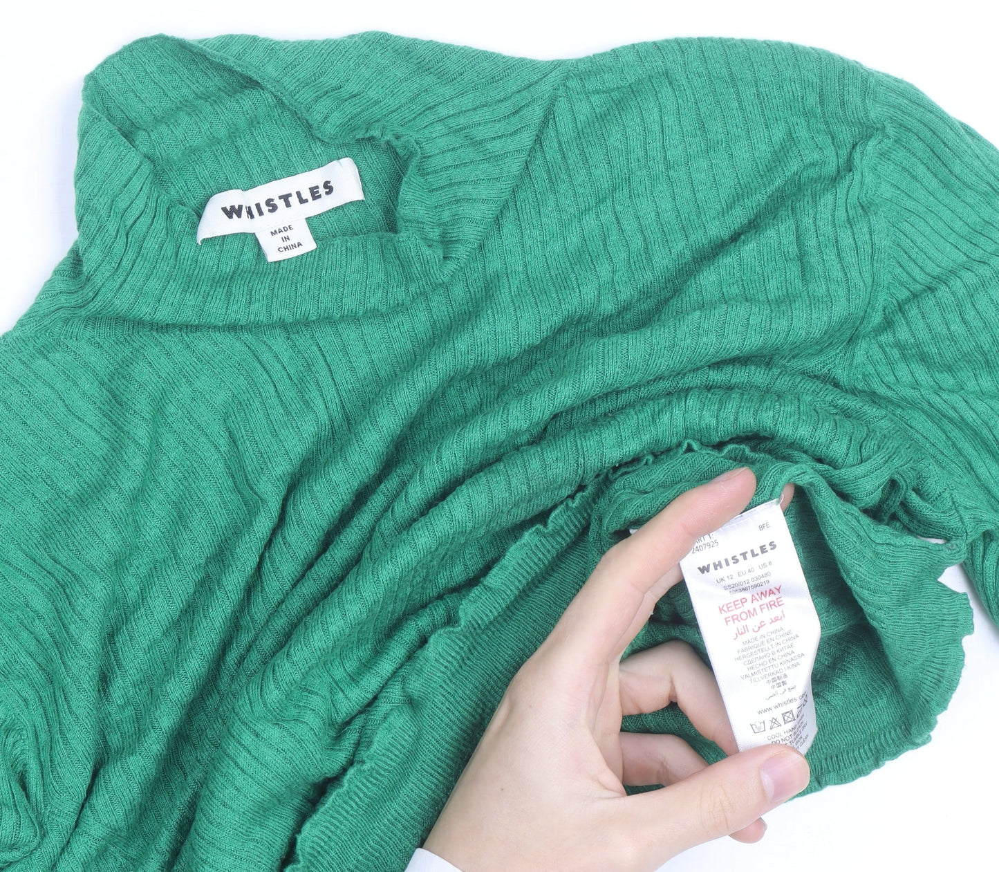 Whistles Women's Green Roll Neck Ribbed Knit Wool Blend Jumper M